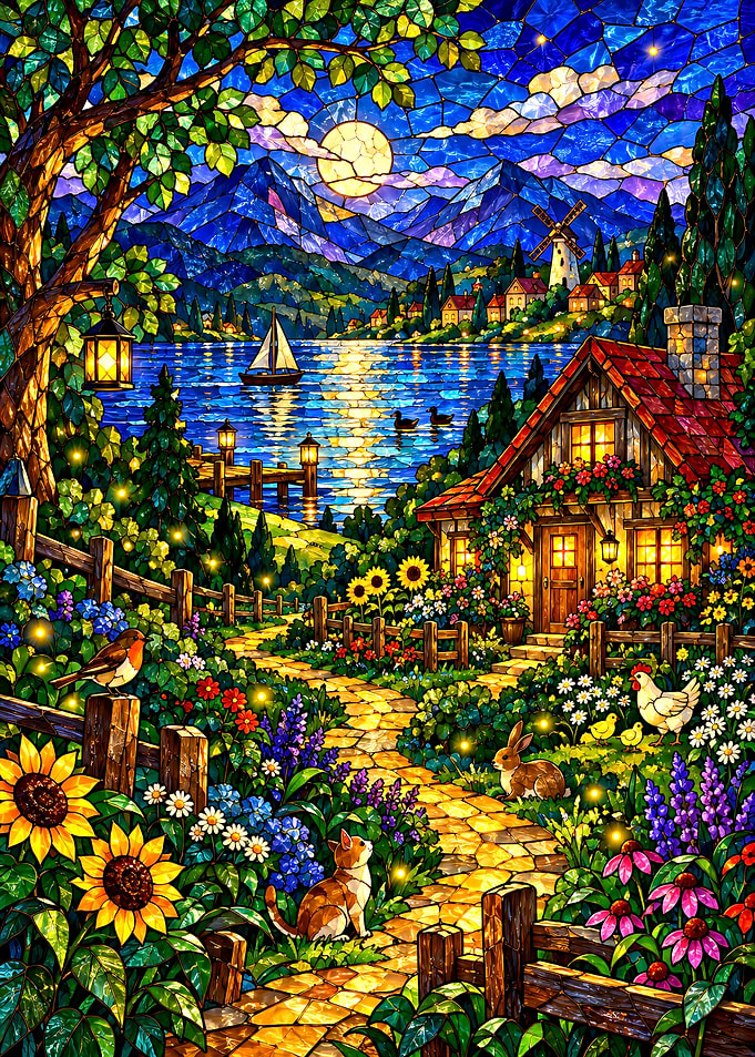 Stardew Valley Stained Glass Cottage Garden Landscape