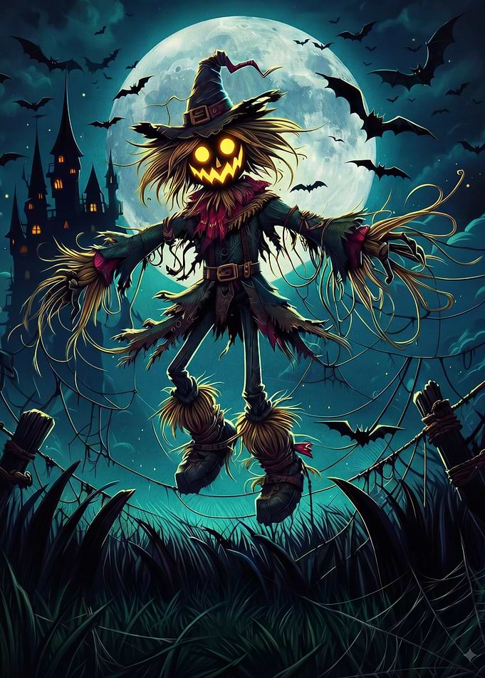 Spooky Halloween Scarecrow Under Full Moon