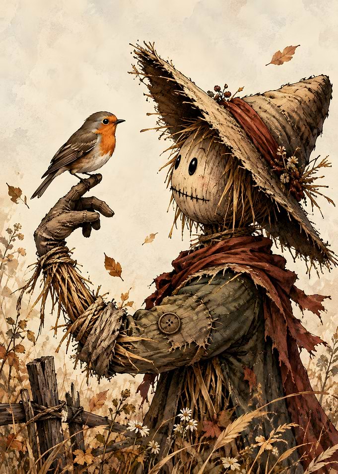 Scarecrow and Robin Autumn Scene
