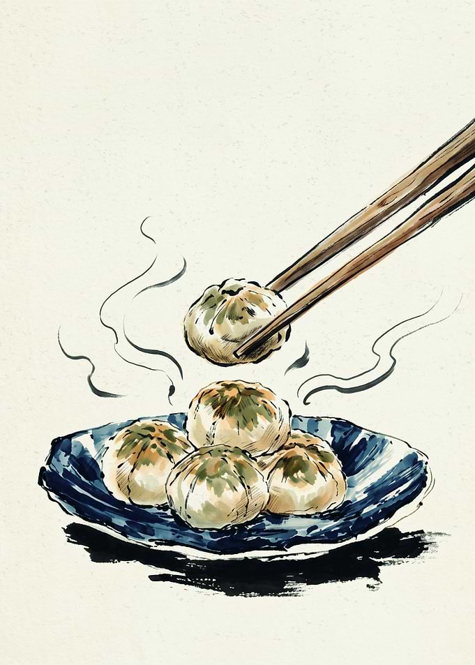 Steaming Dumplings Chopsticks Food Art Watercolor Sketch