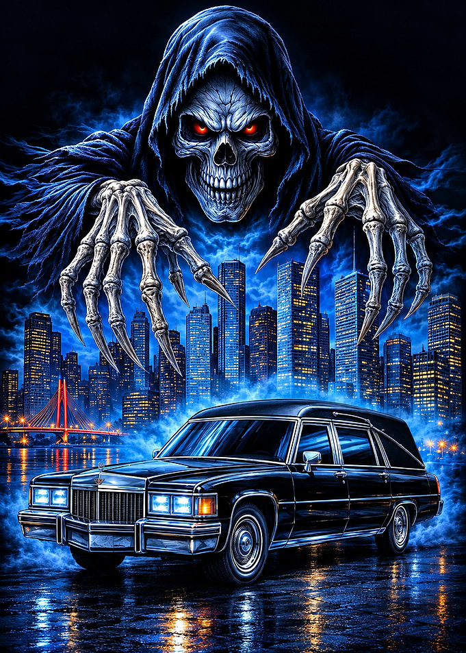 Grim Reaper Over Hearse Cityscape