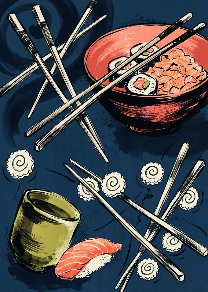 Sushi Chopsticks Japanese Food Art Print Salmon Roll Bowl Kitchen Wall Decor Poster