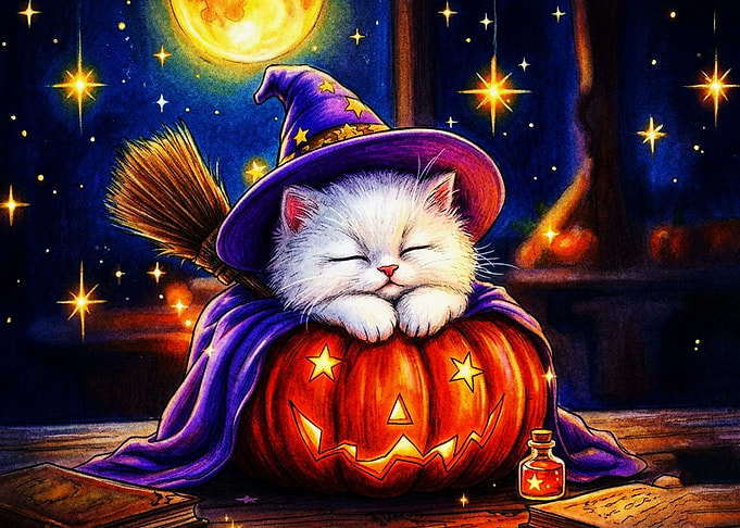 Cute Kitten Witch Sleeping in Pumpkin