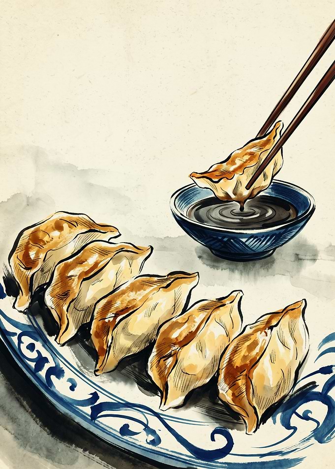 Gyoza Dumplings Japanese Food Watercolor Ink Art Print Kitchen Wall Decor Poster