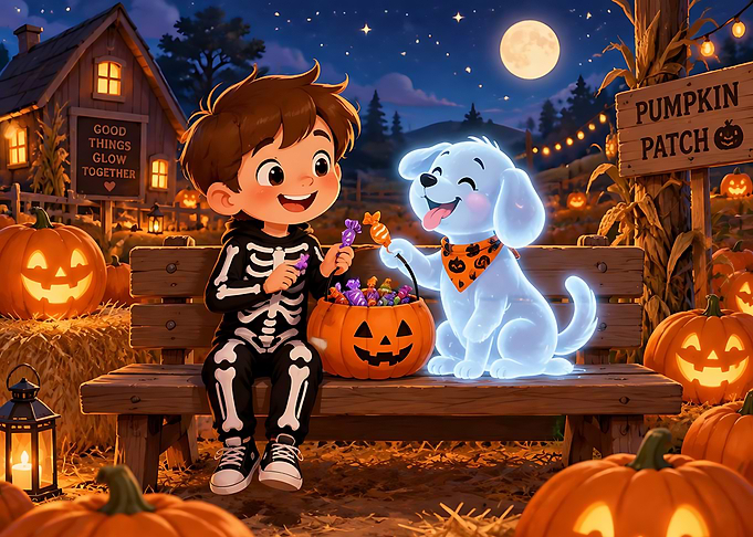 Boy and Ghost Dog Halloween Night