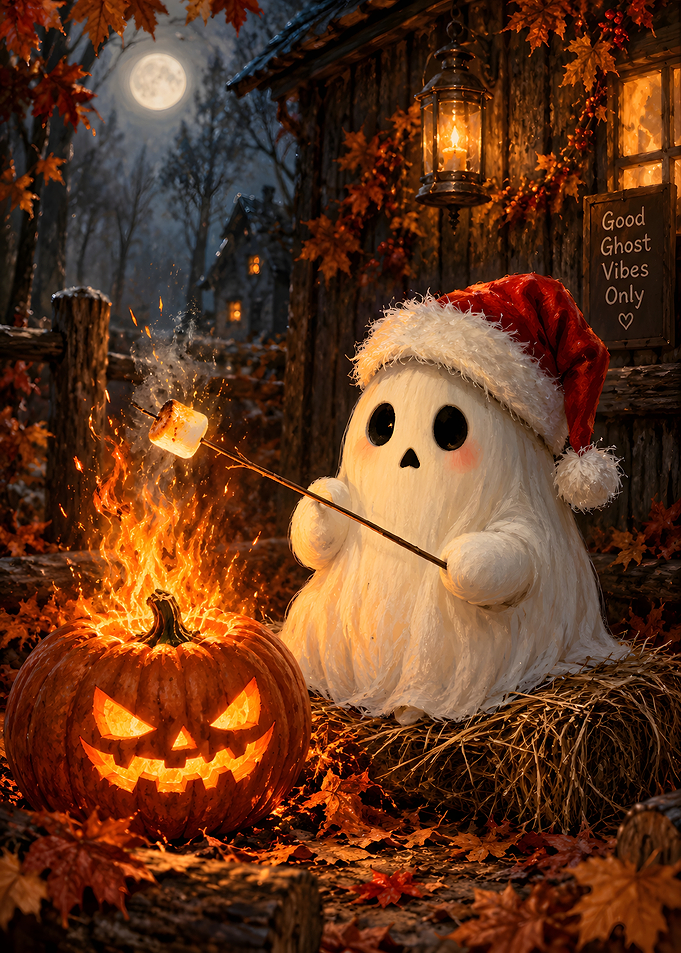 Cute Ghost Roasting Marshmallow by Pumpkin