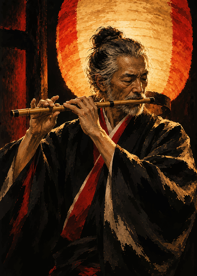 Elderly Japanese Man Playing Bamboo Flute
