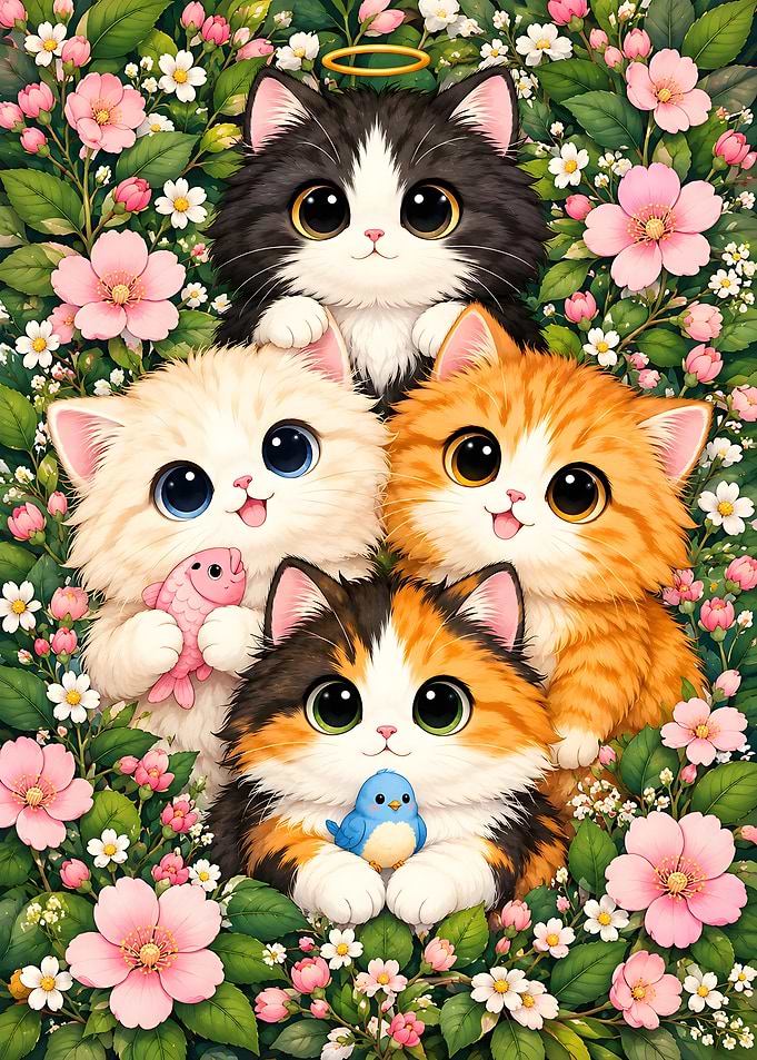 Four Cute Kittens in Flowers