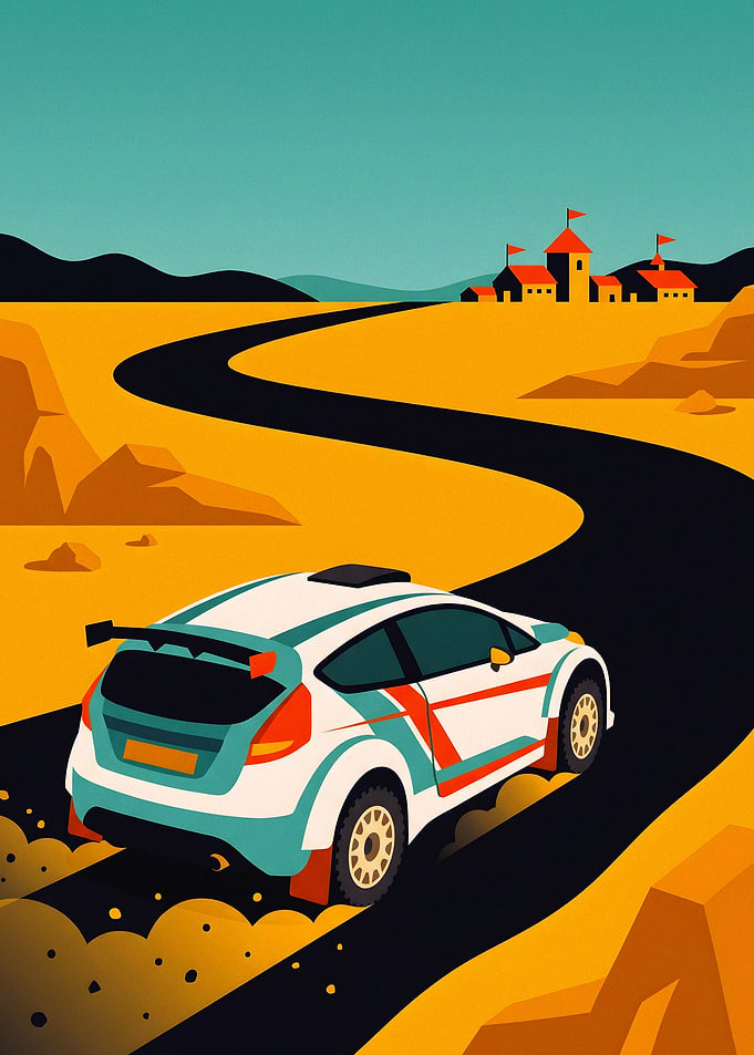 Rally Car Driving Through Desert Landscape