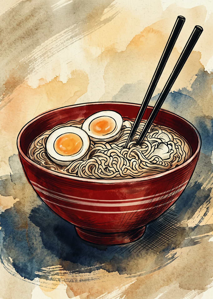 Ramen Bowl Japanese Watercolor Art Food Illustration Chopsticks Soft Noodles Aesthetic