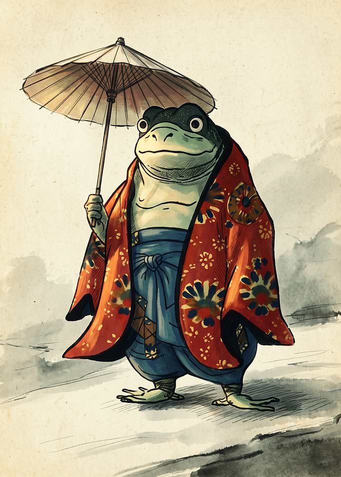 Samurai Frog Kimono Japanese Watercolor Art Umbrella Traditional Animal Ukiyo E Print