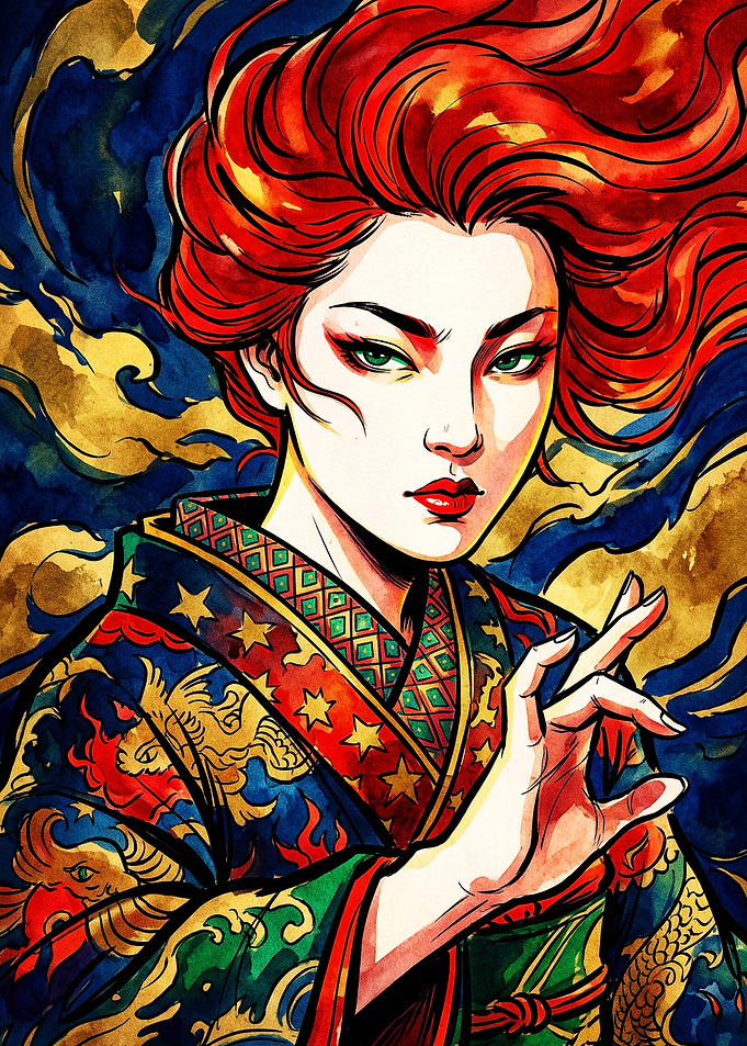 Vibrant Red-Haired Woman in Kimono