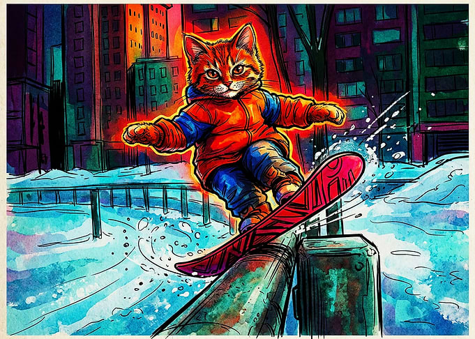 Cool Cat Snowboarding in City