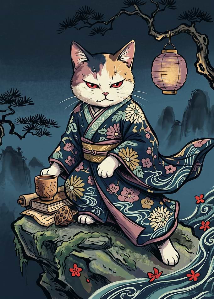 Samurai Cat Kimono Japanese Ukiyo E Art Print Lantern Scroll Mountain River Landscape