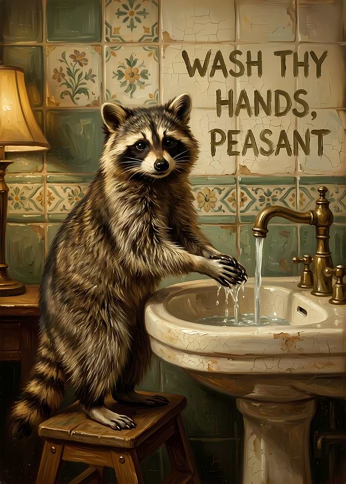 Raccoon Washing Hands Bathroom Sign