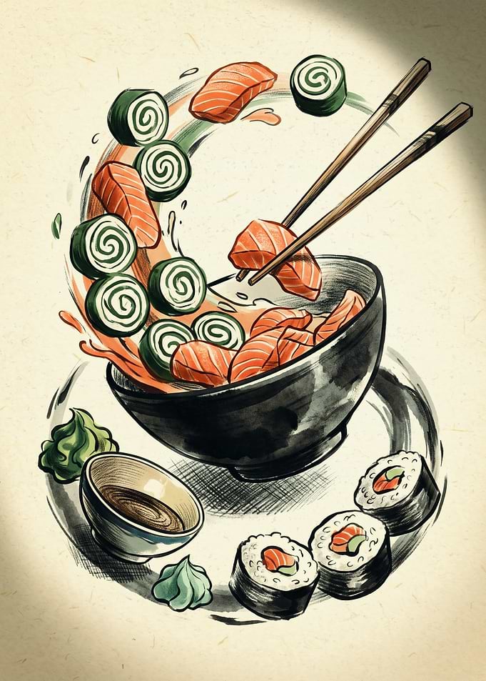 Sushi Bowl Chopsticks Japanese Watercolor Art Salmon Roll Restaurant Kitchen Decor Poster