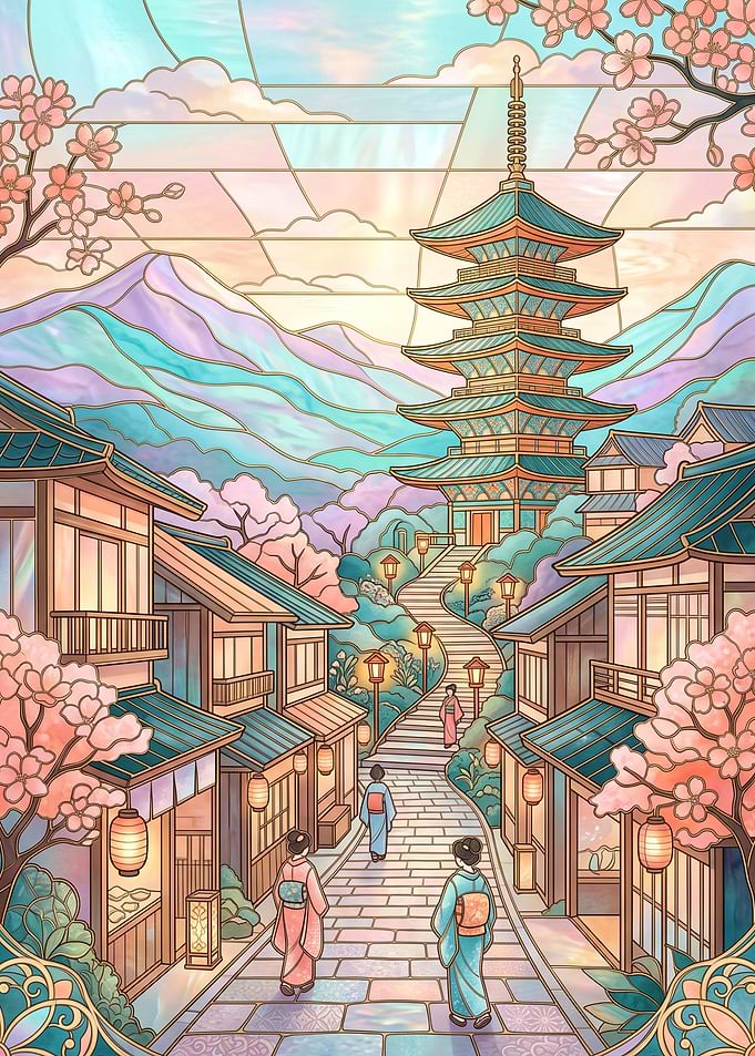 Stained Glass Japanese Temple Street Scene