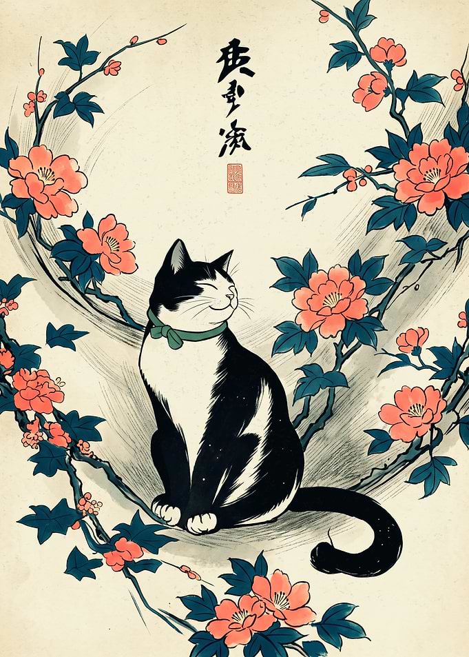 Japanese Cat Ukiyo E Art Cherry Blossom Print