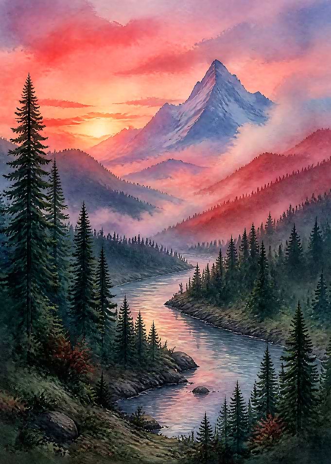 River and Mountains at Sunset Watercolor Landscape