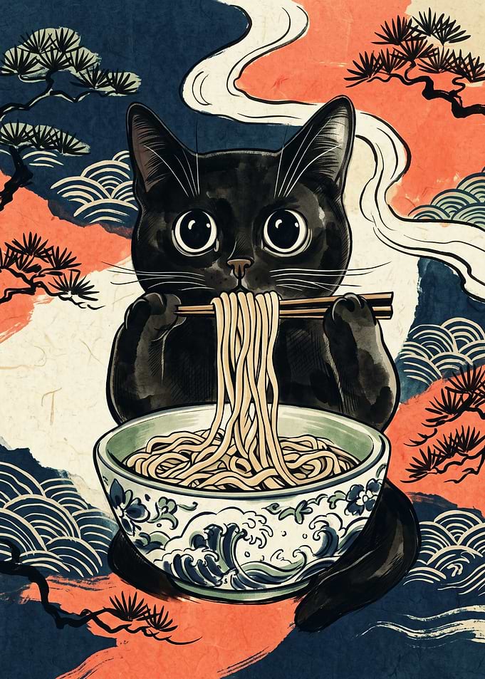Black Cat Eating Ramen Ukiyo E Art Japanese Print Woodblock Aesthetic Poster