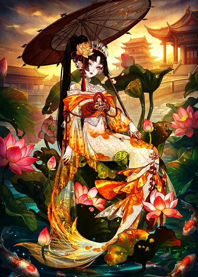 Koi Fish Mermaid in Lotus Pond