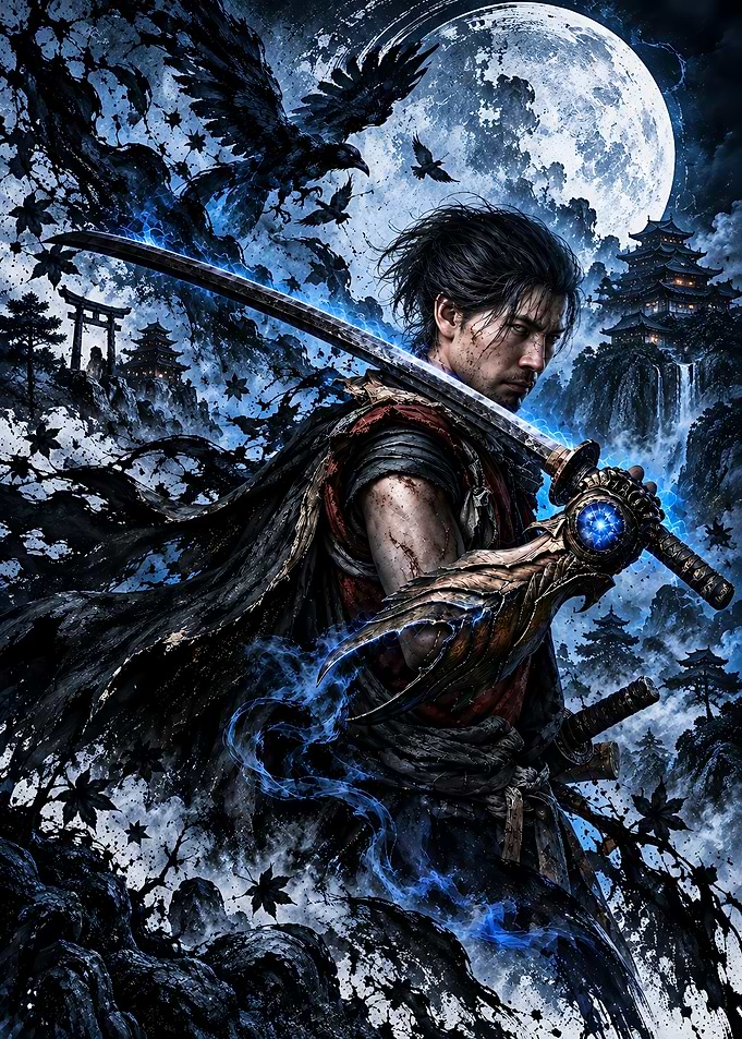 Samurai Warrior Under Full Moon