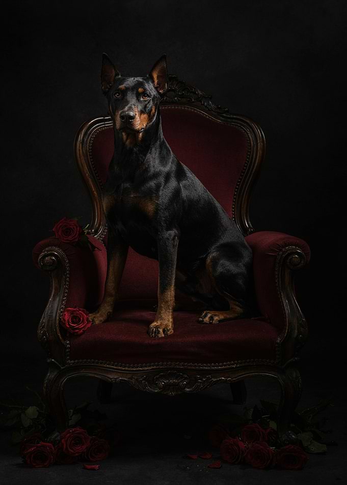 Doberman Sitting on Antique Velvet Chair