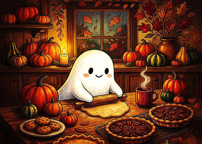 Cute Ghost Baking Autumn Pies