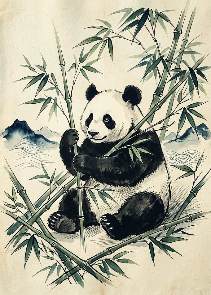 Panda Bamboo Japanese Watercolor Art Asian Wildlife Forest Landscape Wall Poster Print
