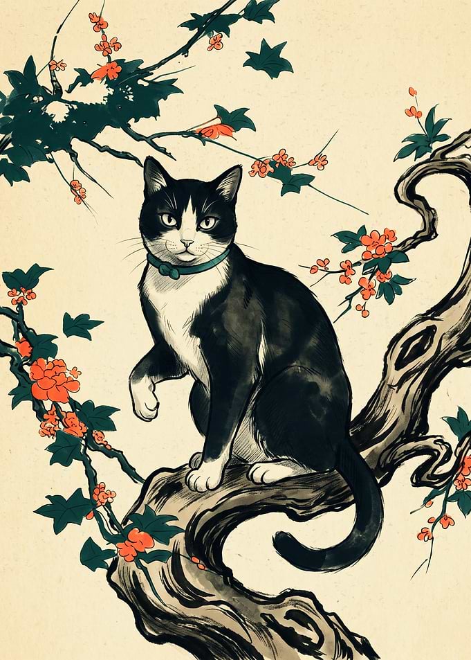 Black Cat On Tree Branch Japanese Ukiyo E Art