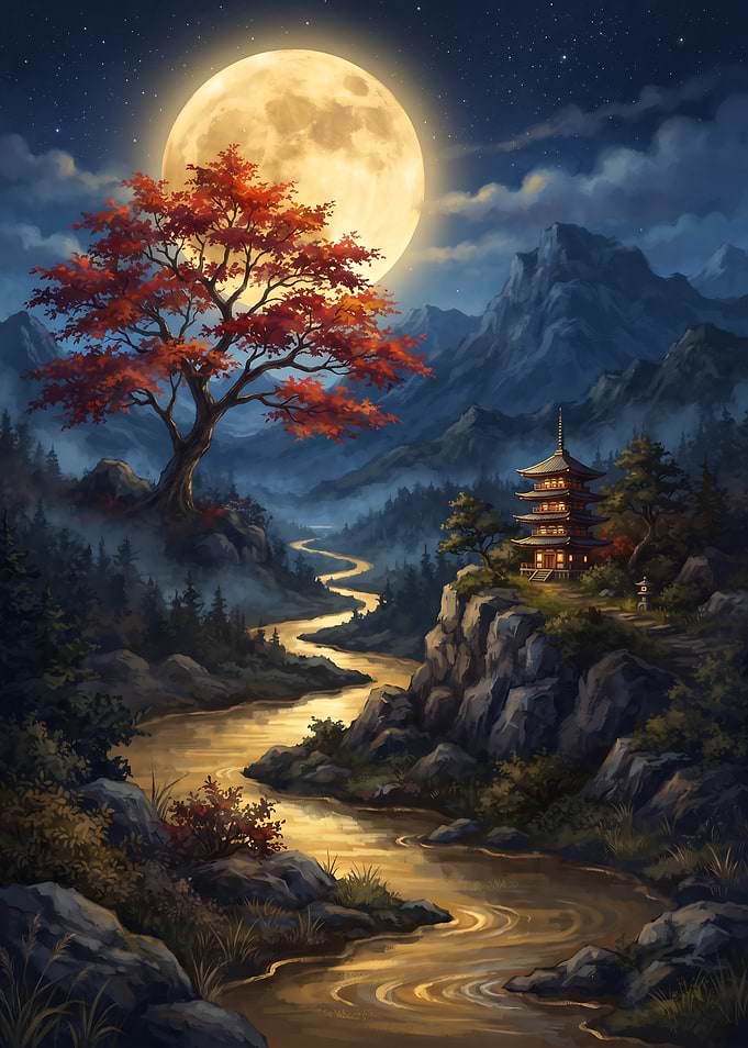 Moonlit Japanese Pagoda Landscape