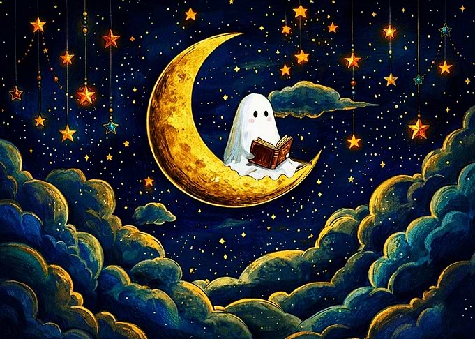 Cute Ghost Reading on the Moon