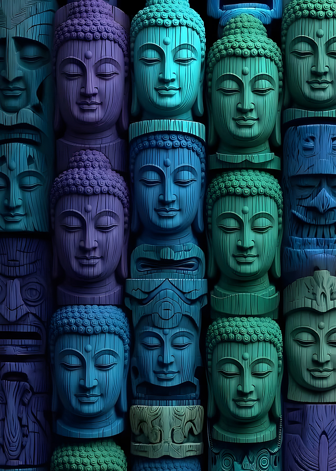 Colorful Stacked Buddha Head Sculptures