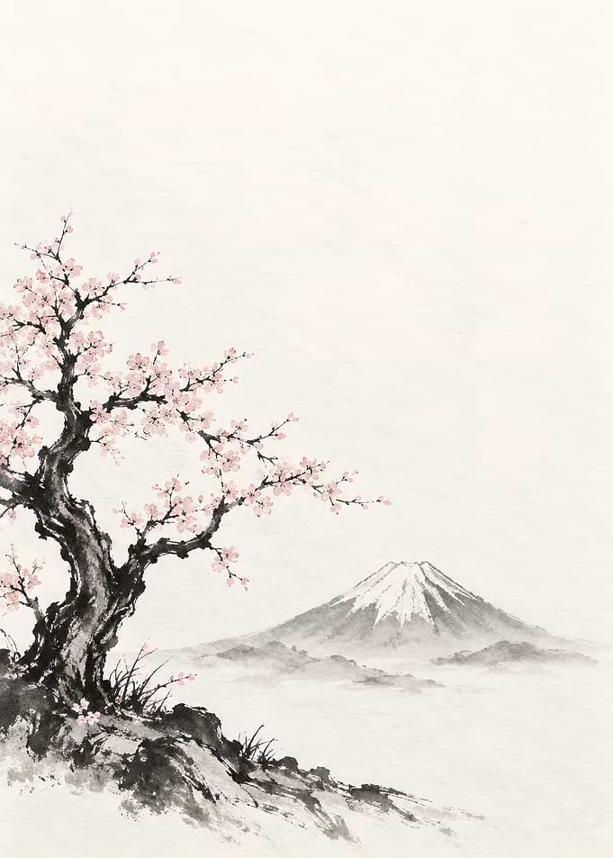 Japanese Ink Painting Cherry Blossom Tree and Mount Fuji