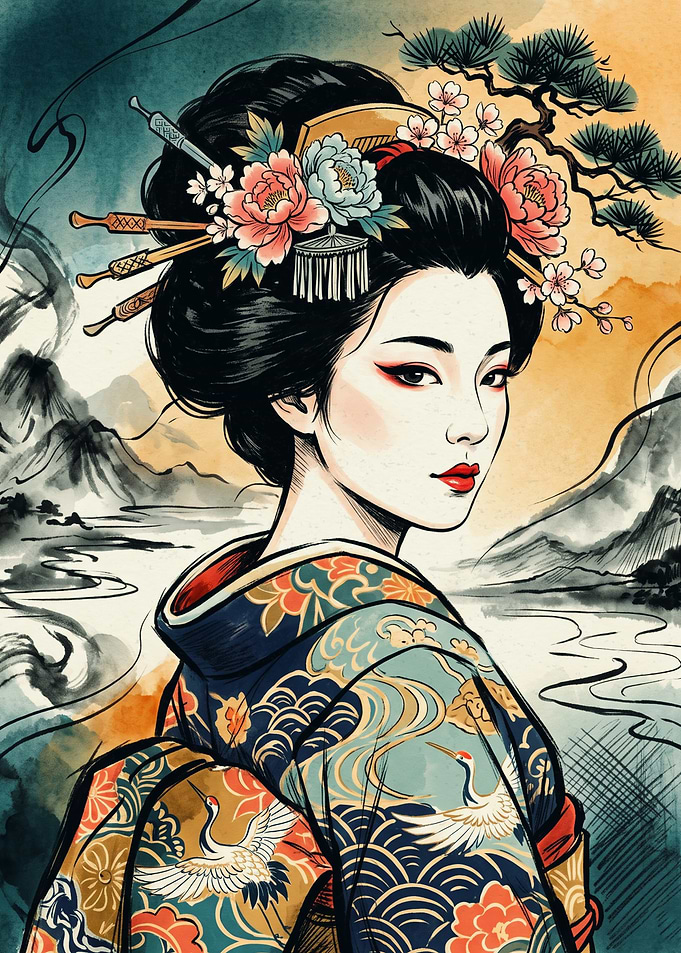 Geisha Kimono Japanese Watercolor Art Print Traditional Flower Hair Pin Aesthetic Poster