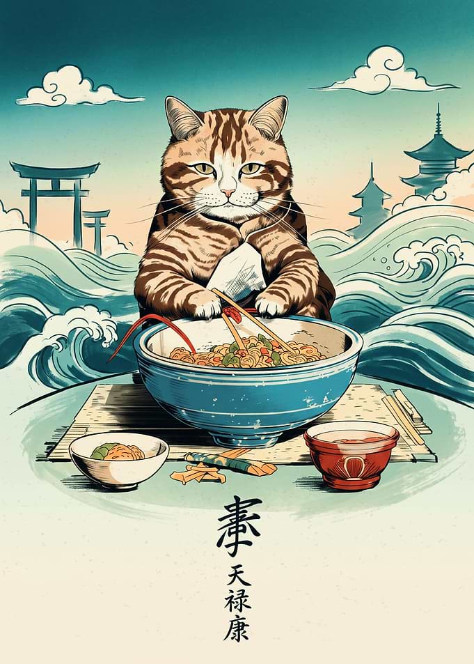 Cat Ramen Ukiyo E Art Japanese Woodblock Print Noodles Torii Gate Ocean Waves Poster