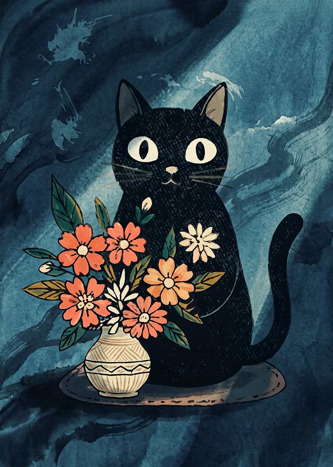 Black Cat With Floral Vase Cats Watercolor Illustration Art