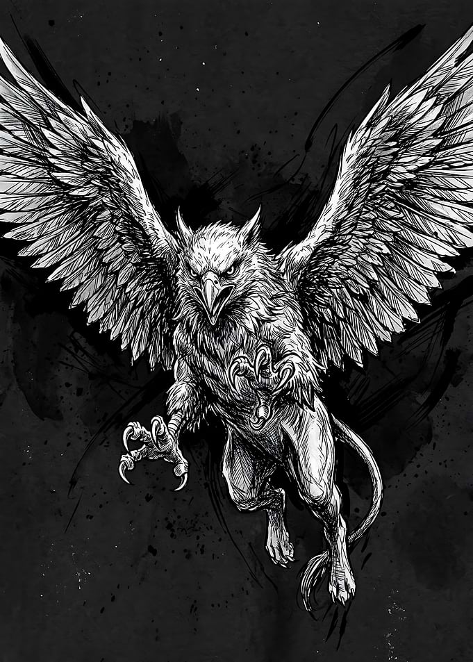 Ferocious Grayscale Griffin Illustration