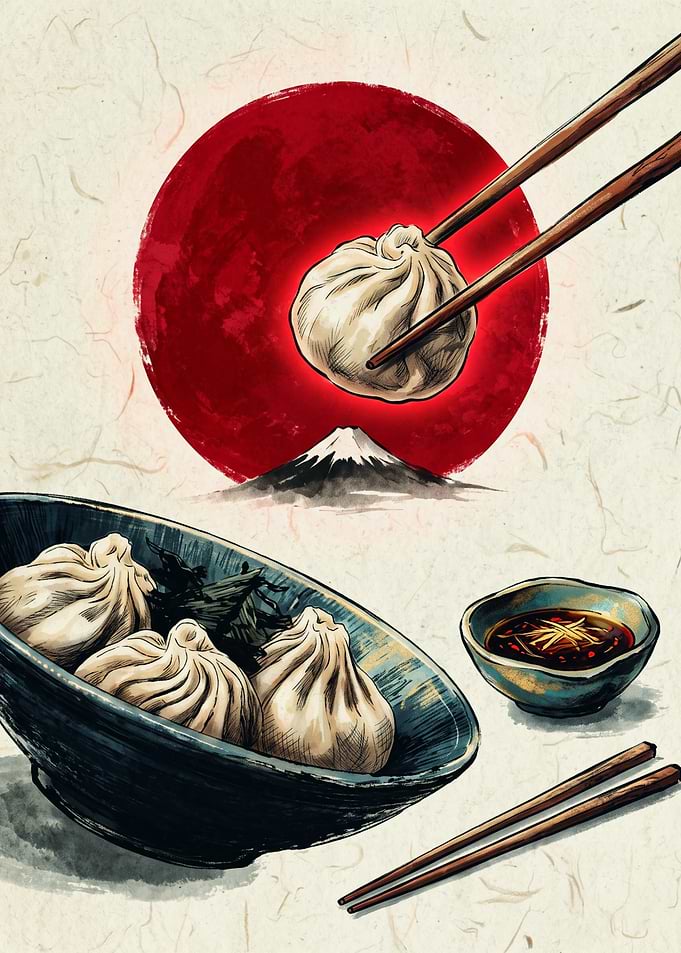 Dumpling Food Japanese Ukiyo E Art Mount Fuji Red Sun Asian Cuisine Poster Print