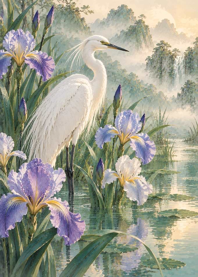 White Egret Among Purple Irises