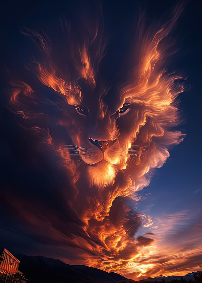 Lion Face Formed by Fiery Clouds