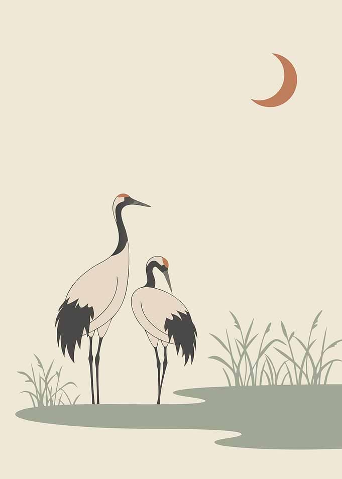 Two Cranes at Moonrise — Japandi Minimalist Japanese Wall Art