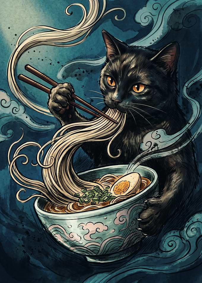 Black Cat Eating Ramen Noodles Japanese Ukiyo E Style Anime