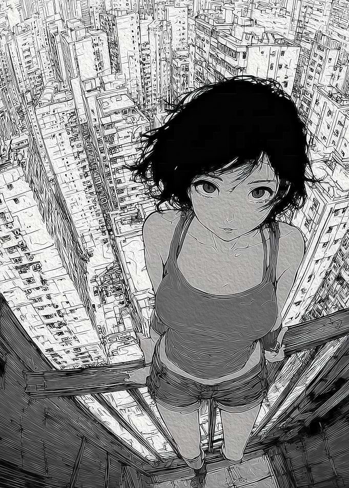 Anime Girl Overlooking Dense Cityscape