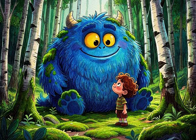 Boy Meeting a Friendly Blue Monster