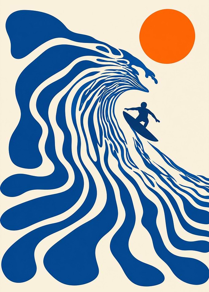 Minimalist Surfer Riding Blue Wave