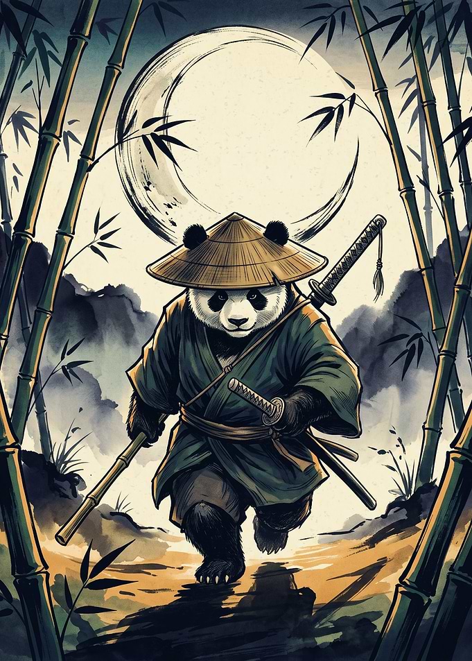 Samurai Panda Japanese Watercolor Ukiyo E Art Bamboo Forest Moon Night Poster Print