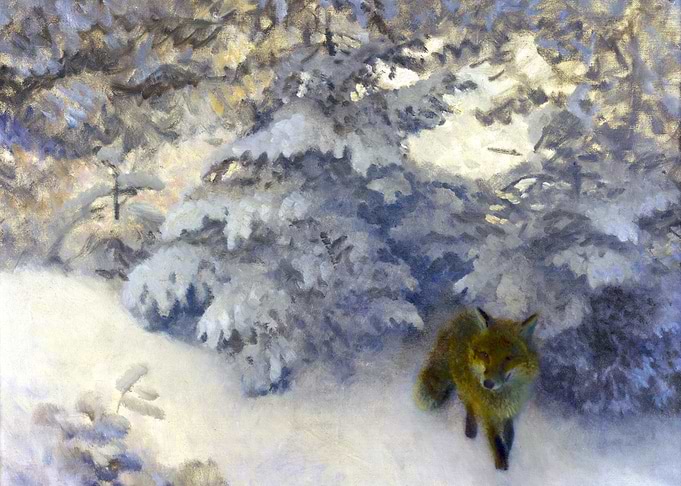 Fox and Snowy Trees Painting by Bruno Liljefors