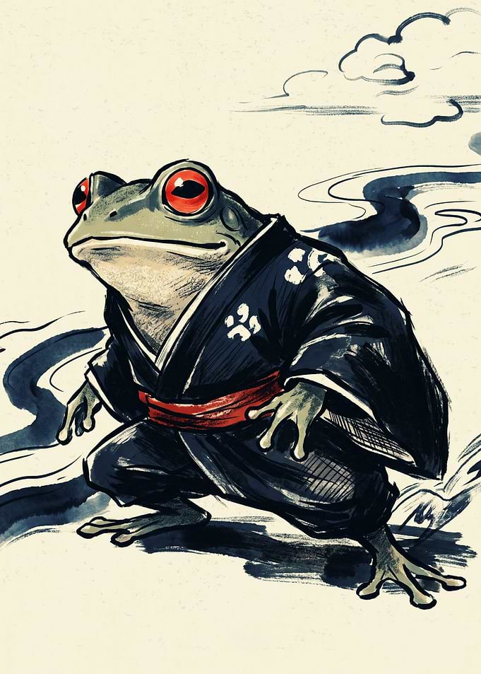 Samurai Frog Kimono Japanese Ukiyo E Art Ink Wash Painting Vintage Warrior Animal Poster
