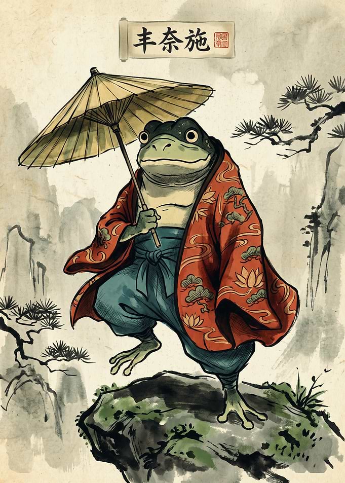 Samurai Frog Kimono Japanese Ukiyo E Art Print Umbrella Pine Tree Scroll Poster